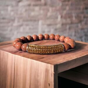 NEW Gold Sandstone Beaded Bracelet with Amber Rhinestone Accent